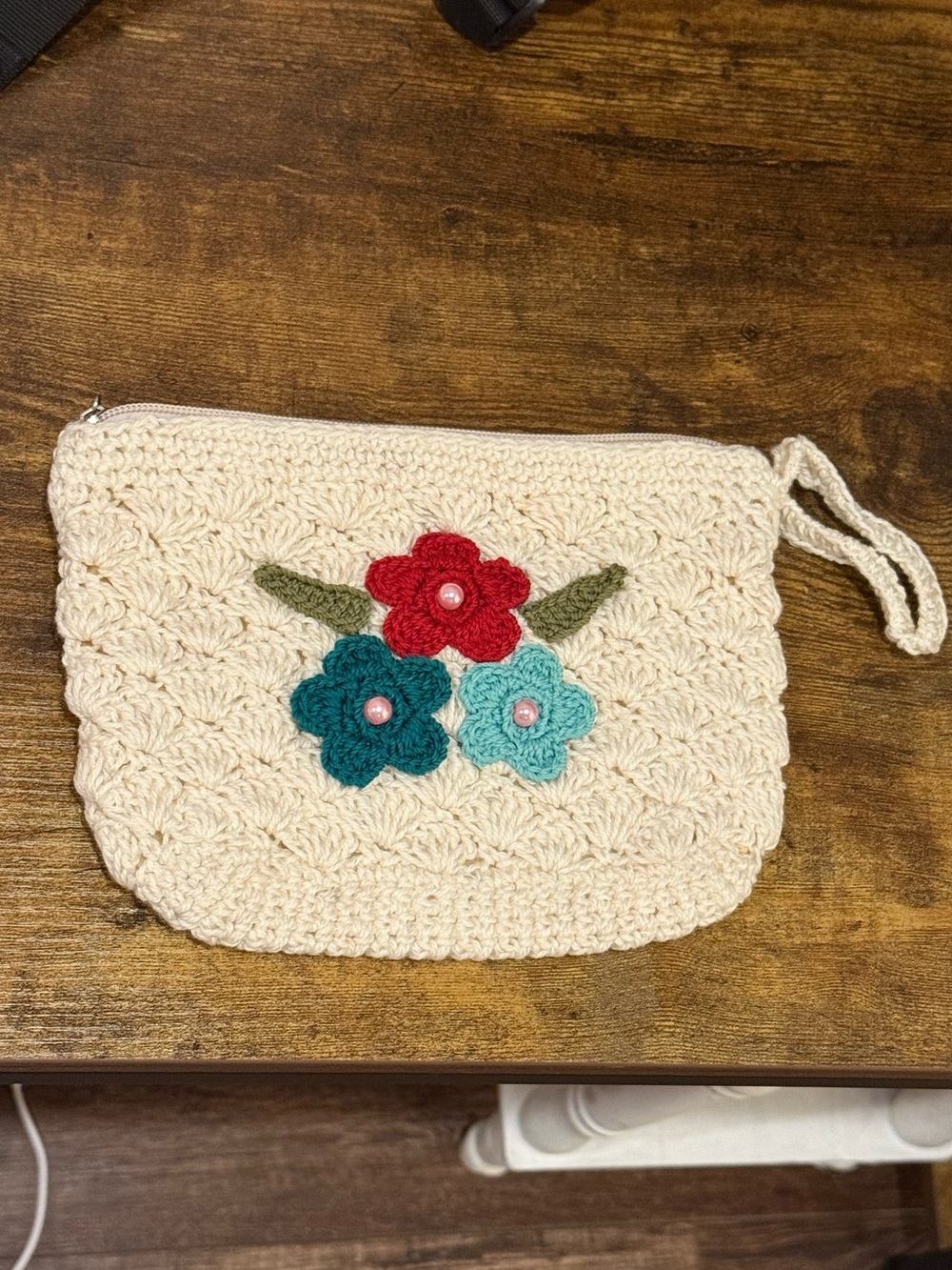 HANDMADE Cream CROCHET Wristlet Pouch with Floral Appliqué